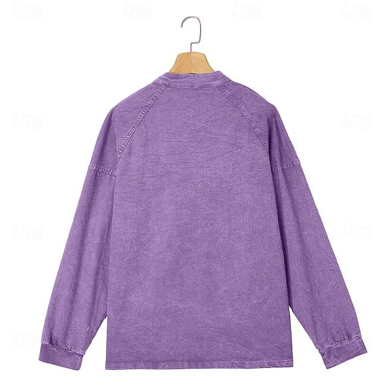 Men's T Shirt Henley Shirt Denim Acid Wash Long Sleeve Henley - Purple
