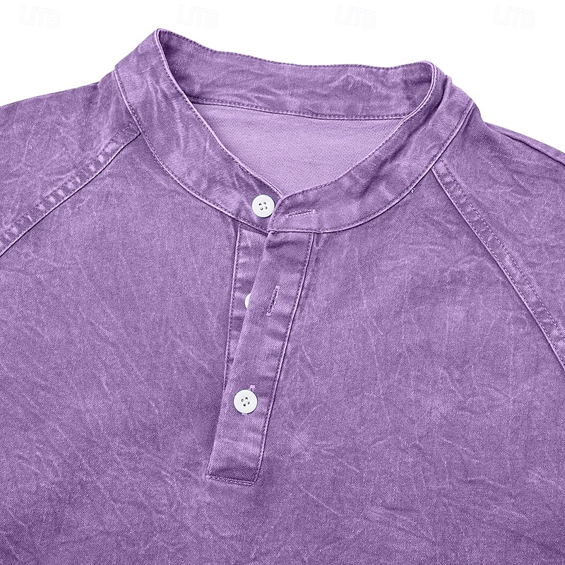 Men's T Shirt Henley Shirt Denim Acid Wash Long Sleeve Henley - Purple