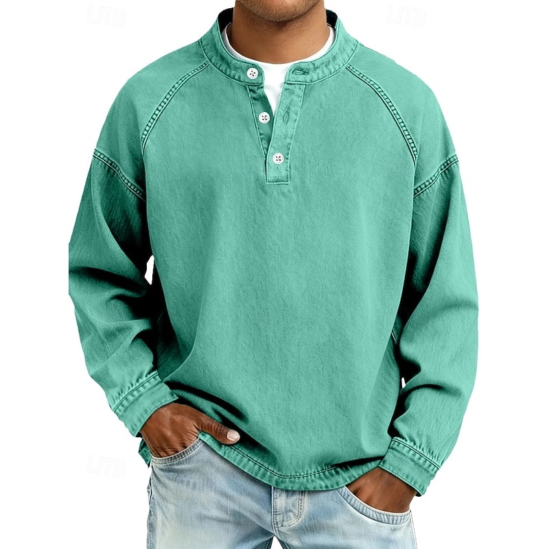 Men's T Shirt Henley Shirt Denim Acid Wash Long Sleeve Henley - Light Green