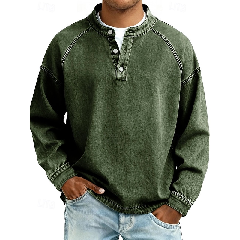 Men's T Shirt Henley Shirt Denim Acid Wash Long Sleeve Henley - Dark Green