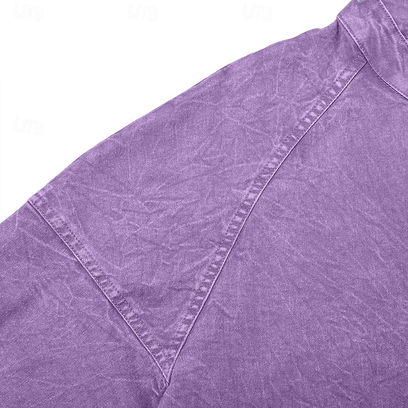 Men's T Shirt Henley Shirt Denim Acid Wash Long Sleeve Henley - Purple