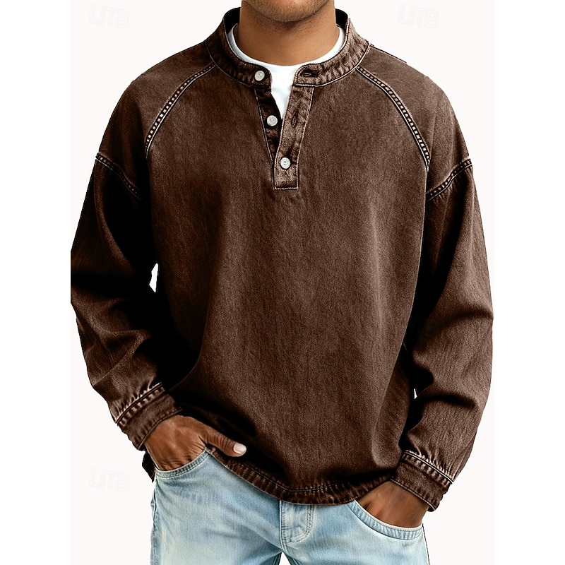 Men's T Shirt Henley Shirt Denim Acid Wash Long Sleeve Henley - Brown