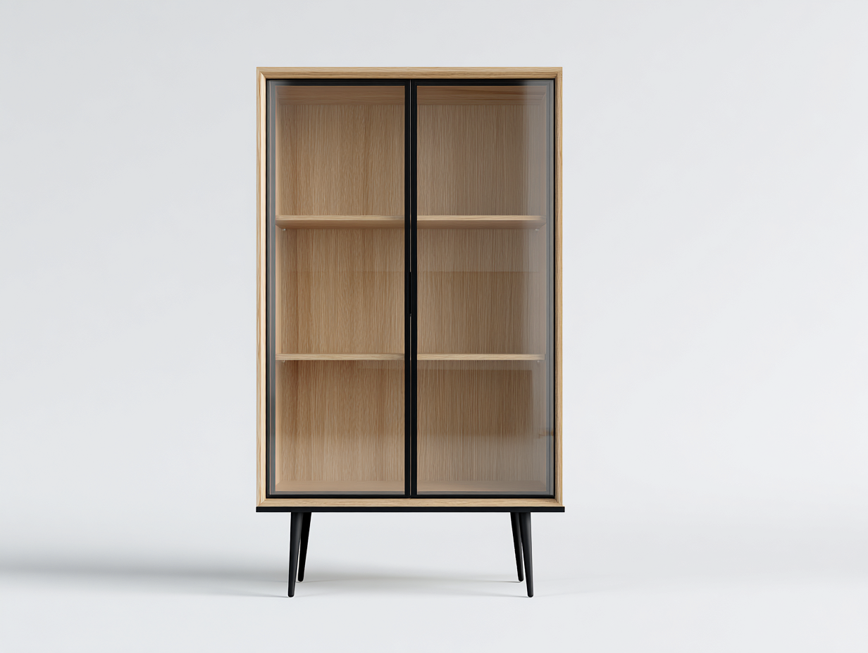 Vitrine-bois MDF-verre-métal-84x38x158 cm-naturel-noir-style moderne-Tadorzahome