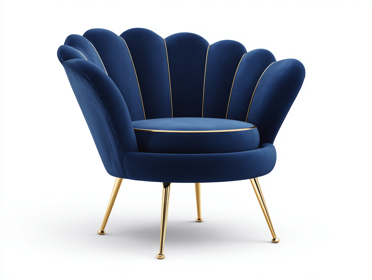 Fauteuil-velours-métal-96x83x80 cm-bleu marine-doré-style coquillage rétro-Tadorzahome