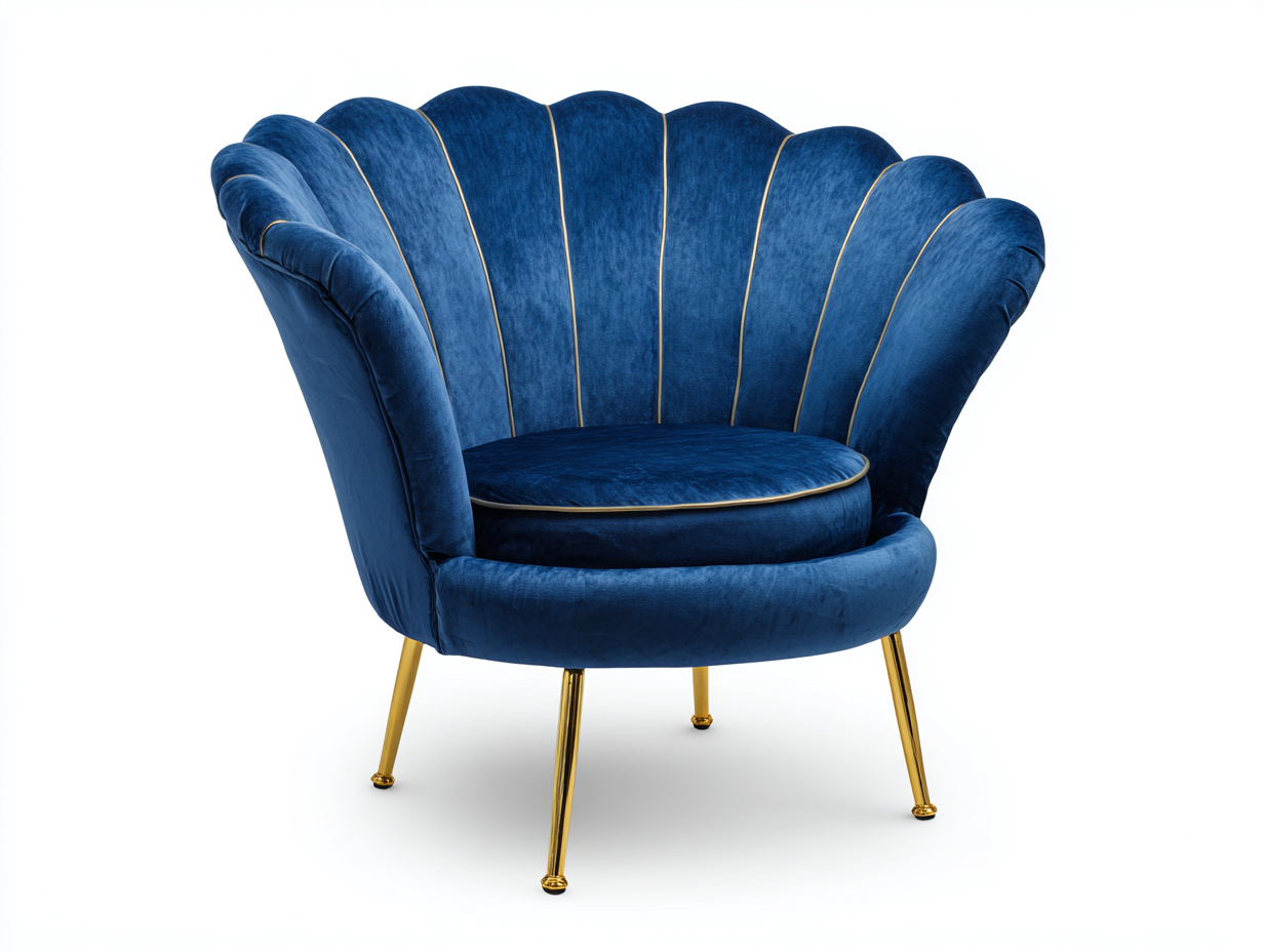 Fauteuil-velours-métal-96x84x79 cm-bleu profond-doré-style coquillage art déco-Tadorzahome