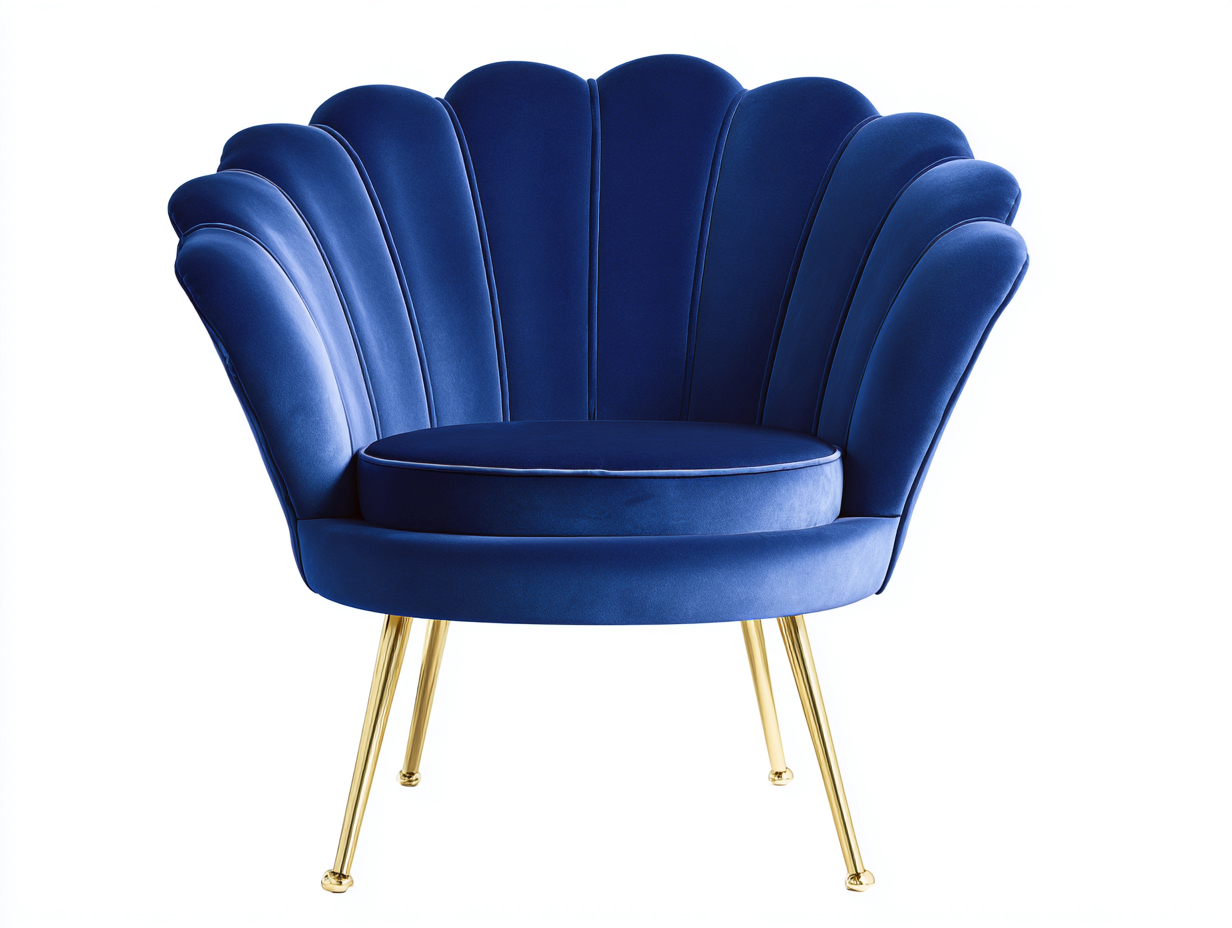 Fauteuil-velours-métal-94x82x78 cm-bleu roi-doré-style coquillage rétro-Tadorzahome