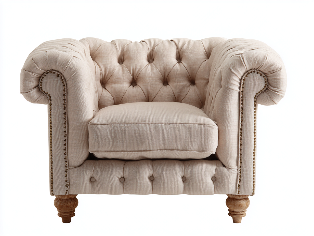 Fauteuil-tissu-bois-116x86x78 cm-beige-bois naturel-style chesterfield capitonné-Tadorzahome