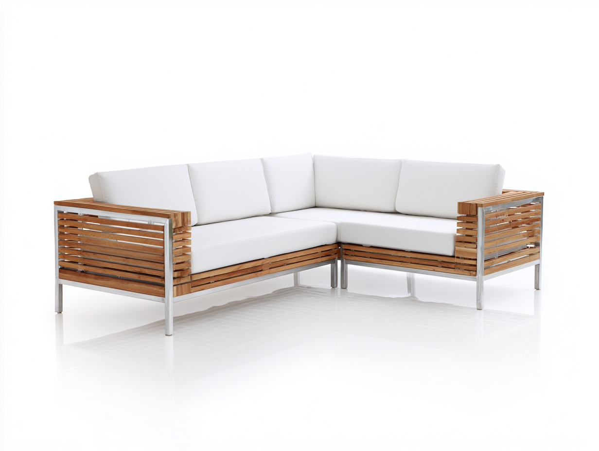 Gartensofa Holz Metall 250x250x70 cm - Naturholz Weiß Silber - modernes Ecksofa für Terrasse-Fanaaliving