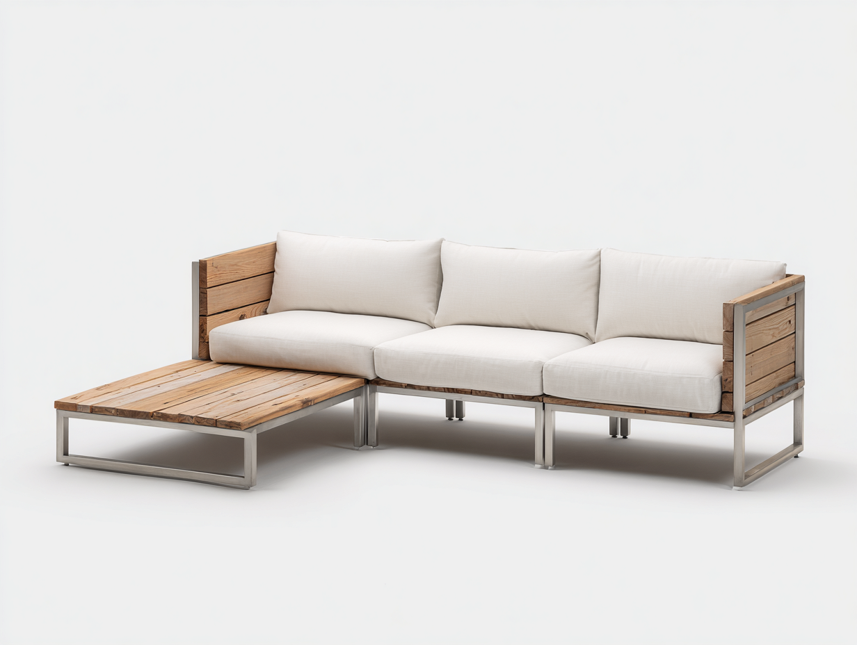 Gartensofa aus Holz und Metall 260 x 180 x 72 cm Naturholz Cremeweiß für Garten modernes Lounge Design mit Ablagefläche-Fanaaliving
