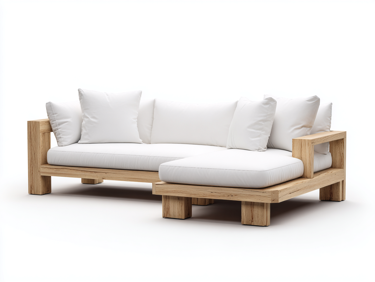 Gartensofa aus Holz und Stoff 245x175x78 cm - Natur-Weiß - Modernes Eckdesign mit Chaiselongue für den Außenbereich-Fanaaliving