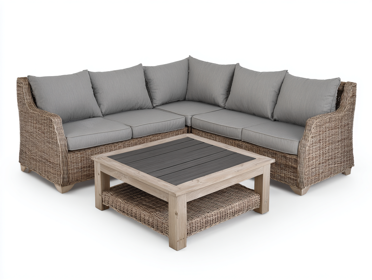 Gartensofa Polyrattan Holz 260x260x75 cm - Naturbraun Grau - klassisches Ecksofa Set für Terrasse-Fanaaliving