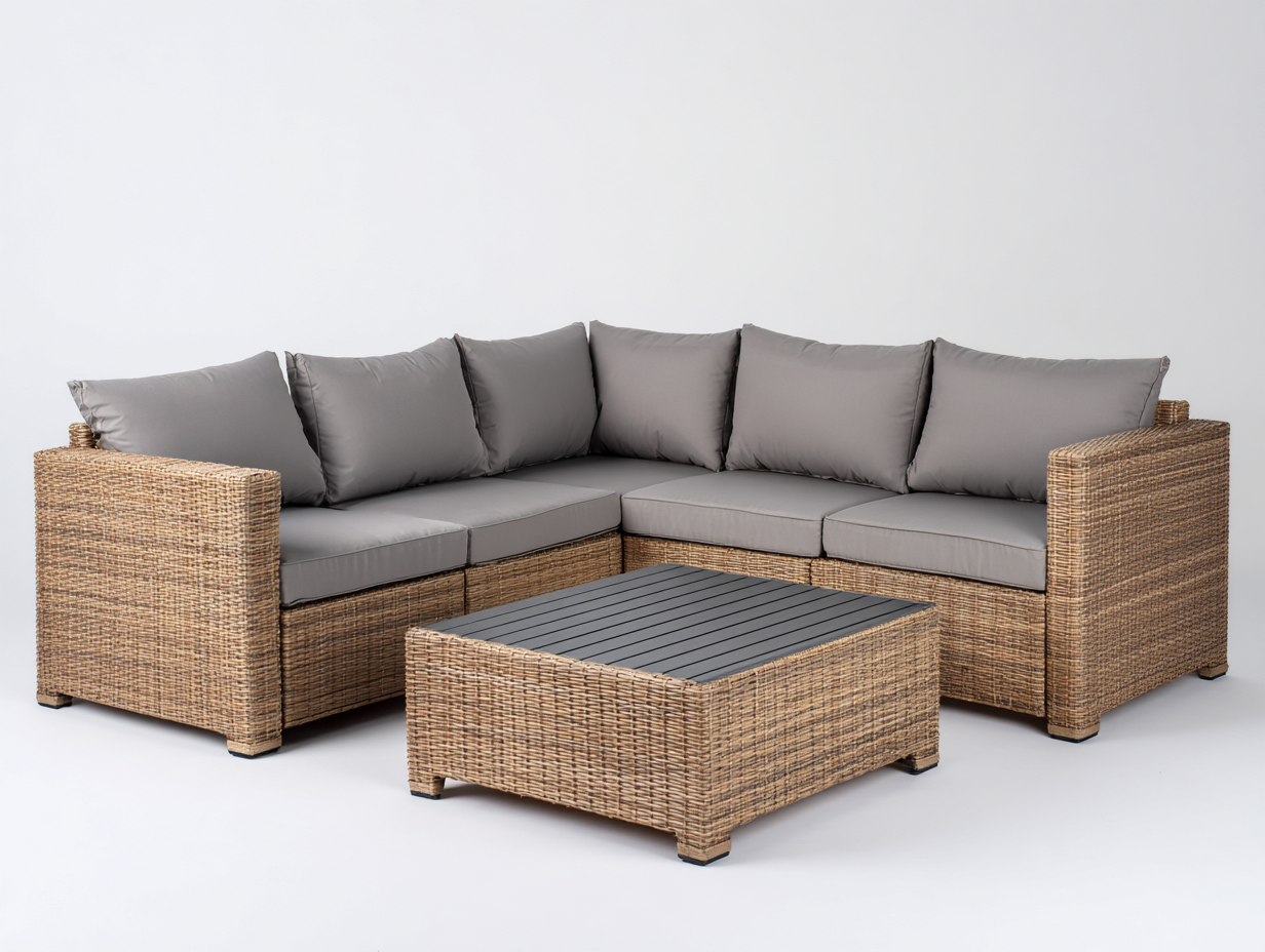 Gartensofa Polyrattan und Metall 240x240x70 cm - Naturbraun-Grau - modernes Ecksofa mit Tisch für Terrasse-Fanaaliving