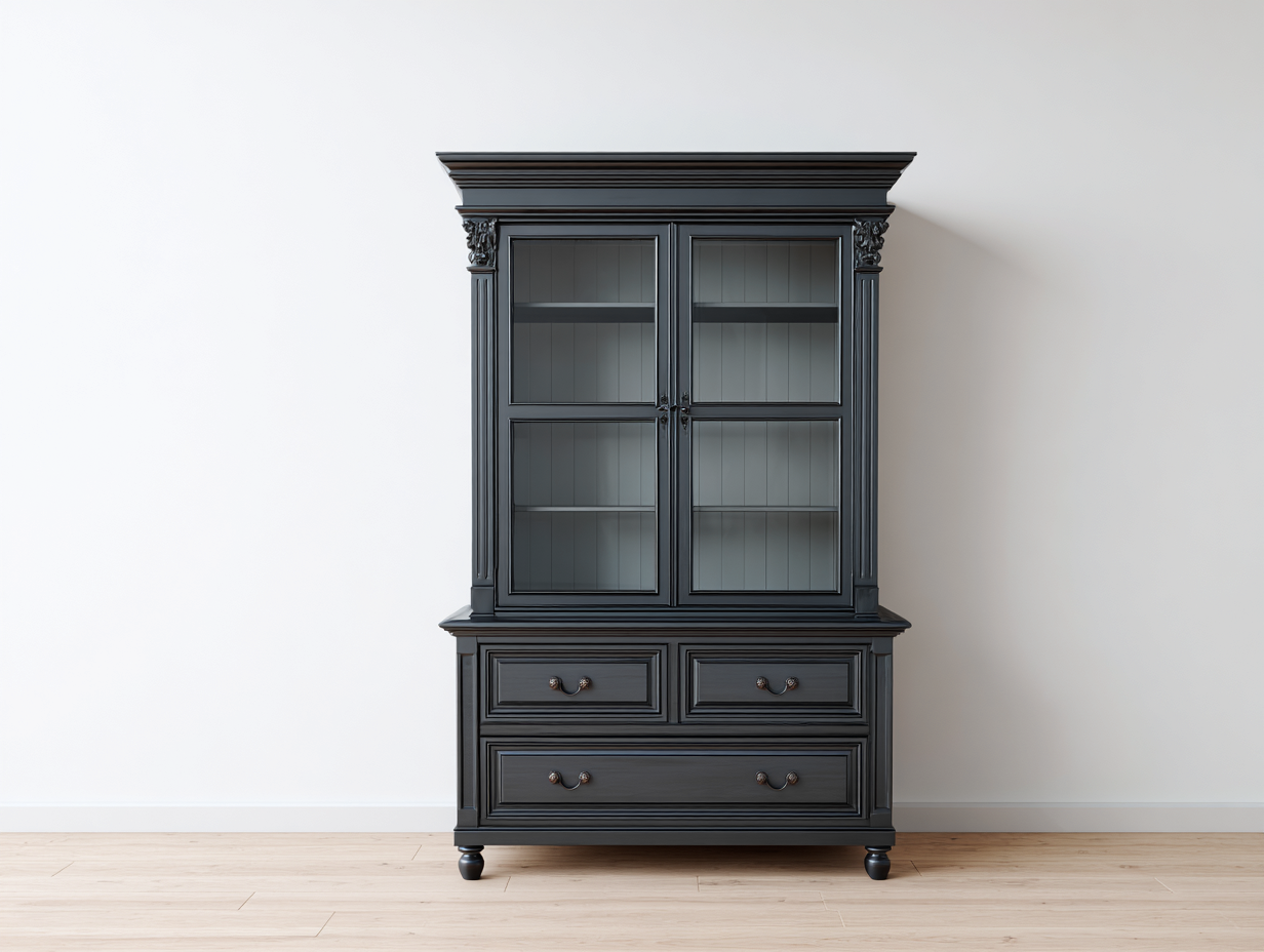 Vitrinen aus Holzwerkstoff und Glas 120x45x200 cm - Schwarz - Klassisches Design mit 2 Glastüren und 3 Schubladen für das Wohnzimmer-Fanaaliving