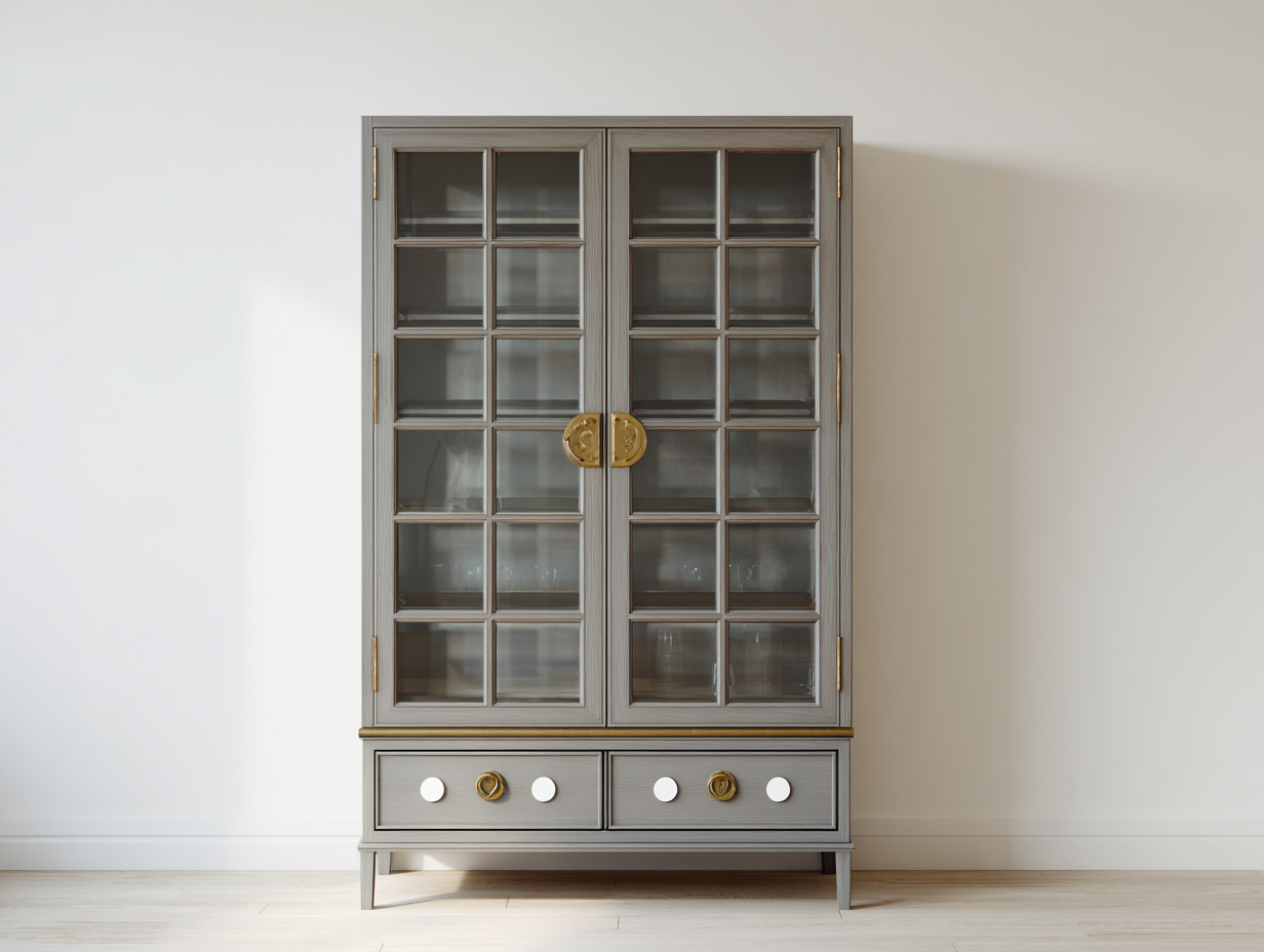 Vitrinen Holzwerkstoff Glas 100x38x180 cm - Greige Gold - klassischer Stauraum für Wohnzimmer-Fanaaliving