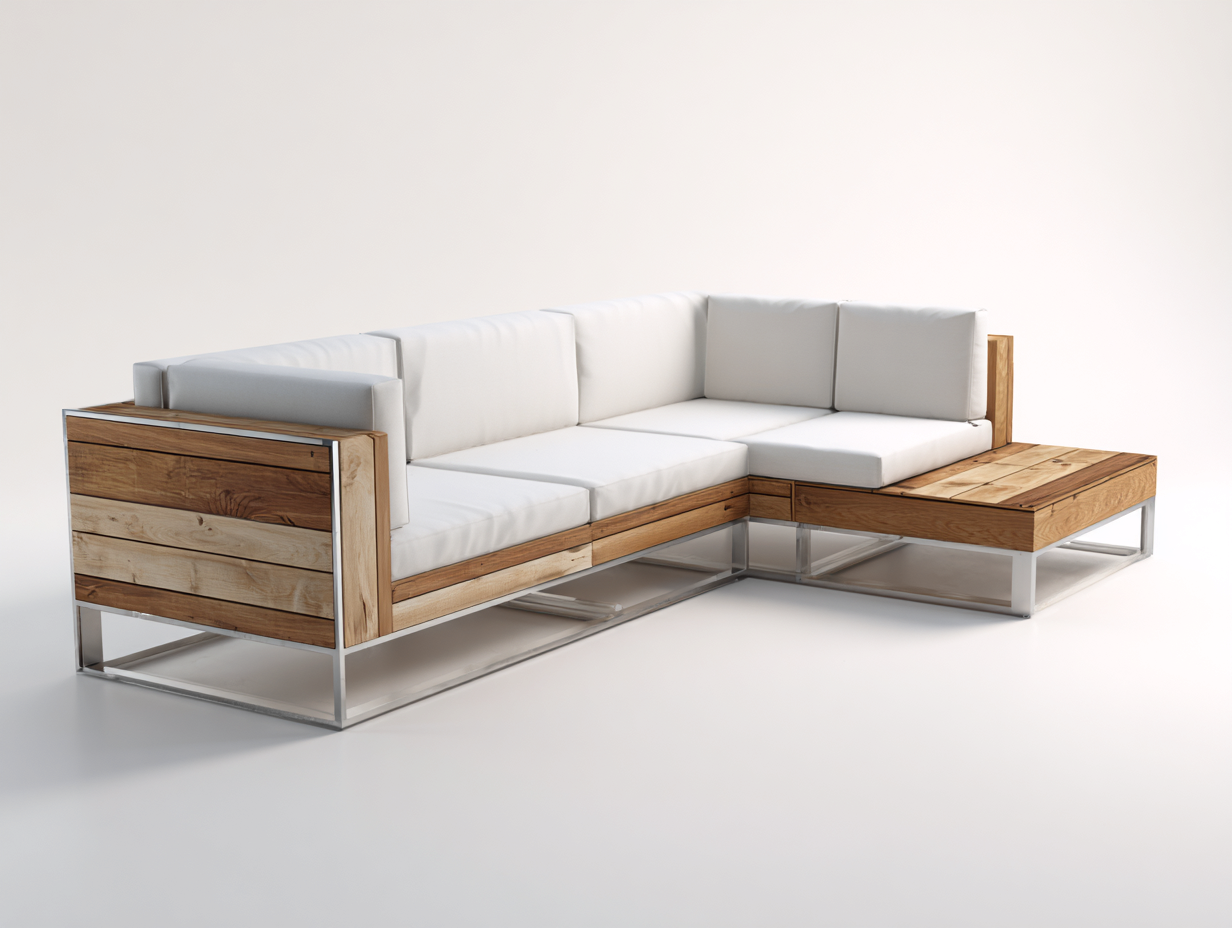 Gartensofa aus Holz Metall und Stoff 270x210x78 cm - Natur-Weiß-Silber - Modernes Eckdesign mit integrierter Ablage für den Außenbereich-Fanaaliving