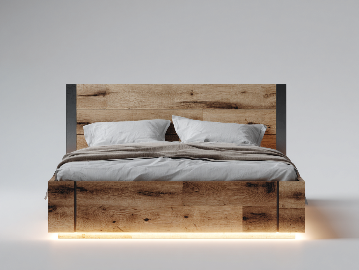 Doppelbett aus Holzwerkstoff 216x166x95 cm - Eichefarben Anthrazit - modernes Bettgestell mit Kopfteil und LED-Optik-Fanaaliving