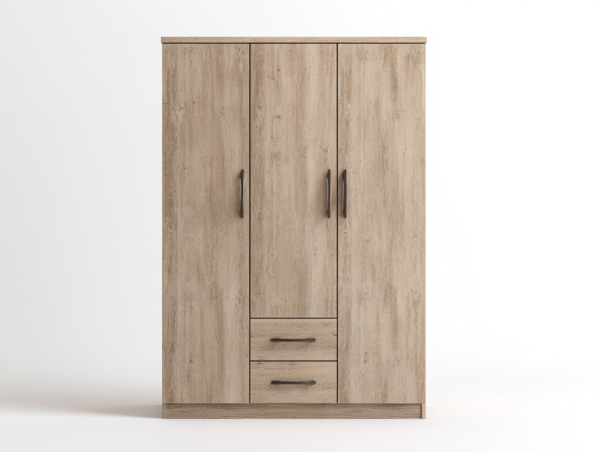Kleiderschrank aus Holzwerkstoff 150x55x200 cm - Eiche hell - Modernes Design mit 3 Türen und 2 Schubladen für das Schlafzimmer-Fanaaliving