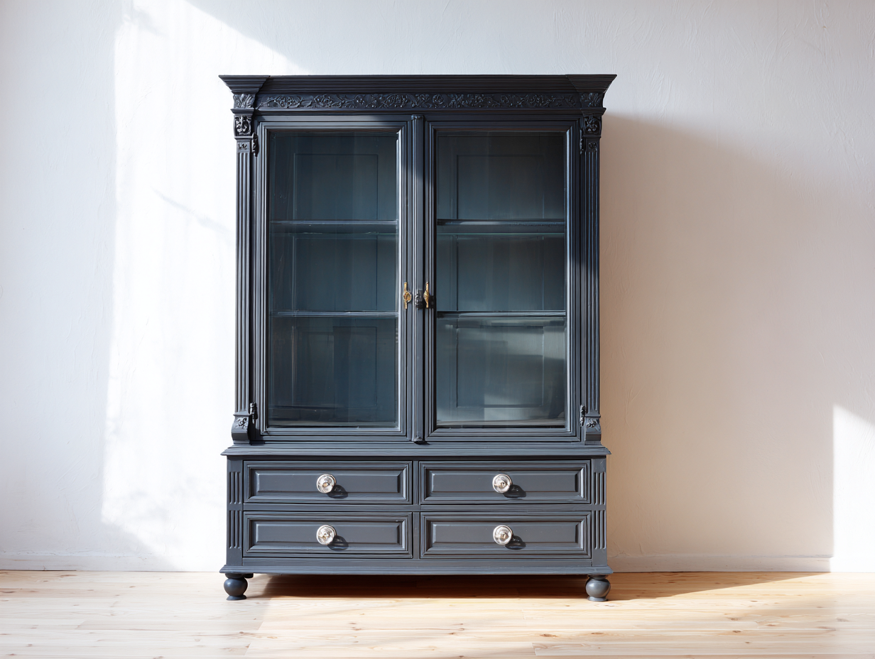 Vitrinen Schrank aus Holzwerkstoff und Glas 126x40x136 cm - Anthrazit - klassischer Stauraum mit 2 Glastüren und 4 Schubladen-Fanaaliving