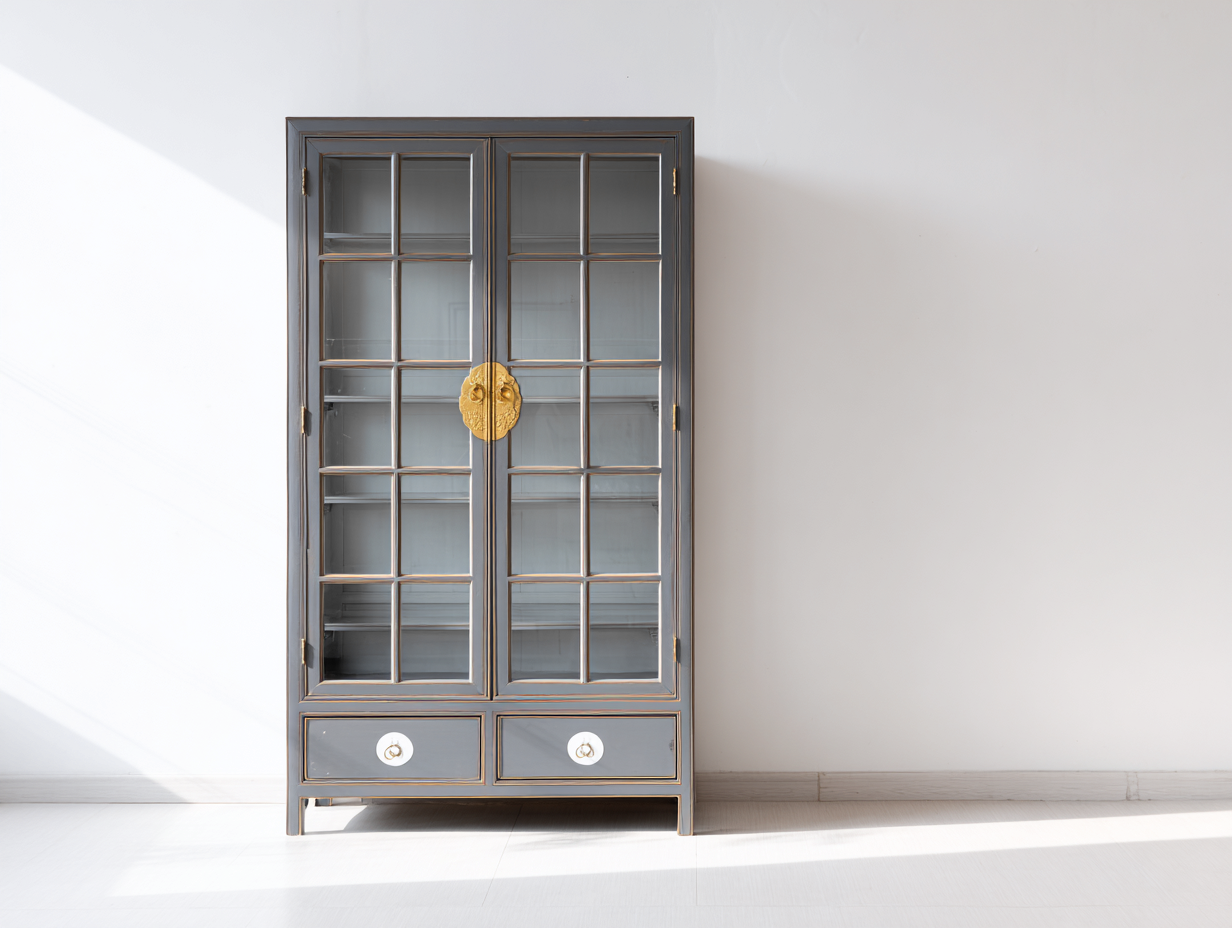 Vitrinen Schrank aus Holzwerkstoff und Glas 110x40x180 cm - Grau Gold - klassischer Stauraum mit 2 Glastüren und 2 Schubladen-Fanaaliving