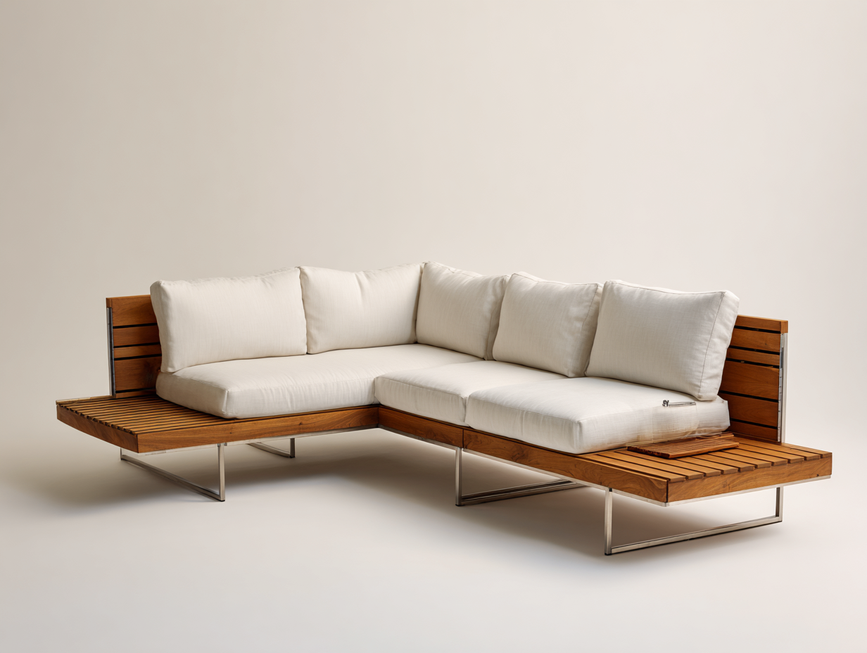 Gartensofa Holz und Metall 300x240x78 cm - Naturholz-Cremeweiß - modernes Ecksofa für Terrasse-Fanaaliving