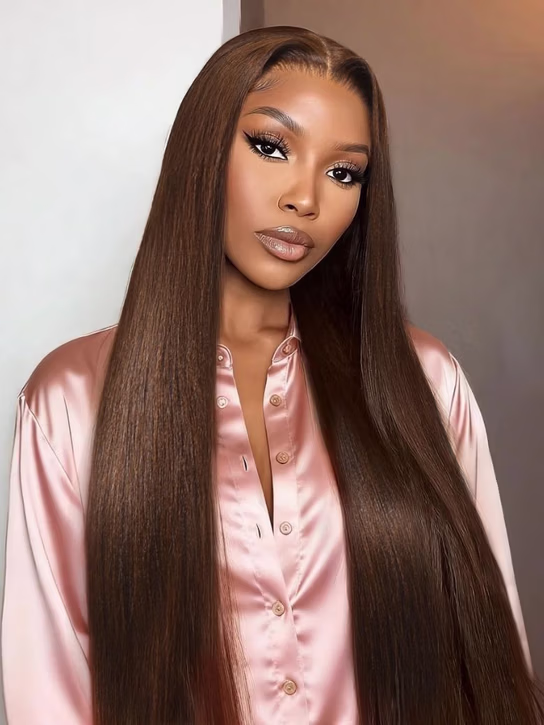 Straight Dark Brown 13×6 Pre-cut Blend Human Hair Frontal Wig Colored Lace Front Wigs For Women