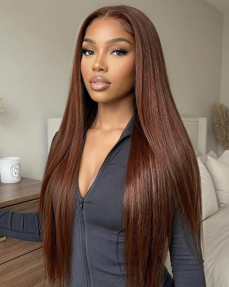 Straight Dark Brown 13×6 Pre-cut Blend Human Hair Frontal Wig Colored Lace Front Wigs For Women