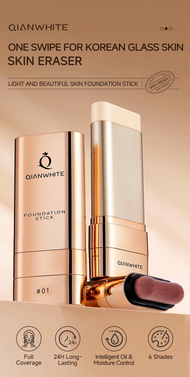 QIANWHITE Luminous Dual-Ended Concealer Foundation Stick – Built-in Brushes, Complimentary Puff, 24H Long-Lasting Waterproof Sweatproof, One-Swipe Even Flawless Base