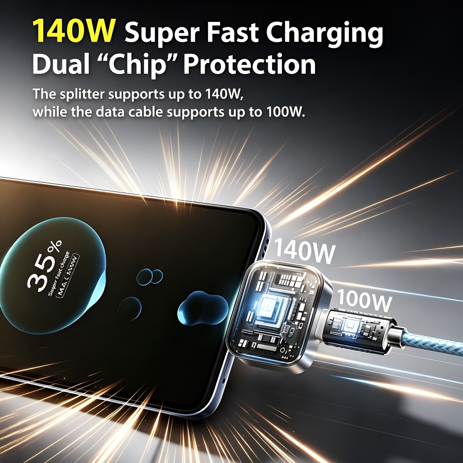Fully charged splitter intelligently separates when fully charged, supports 140W fast charging, auto