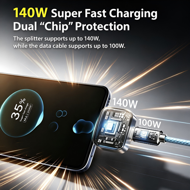 Fully charged splitter intelligently separates when fully charged, supports 140W fast charging, auto