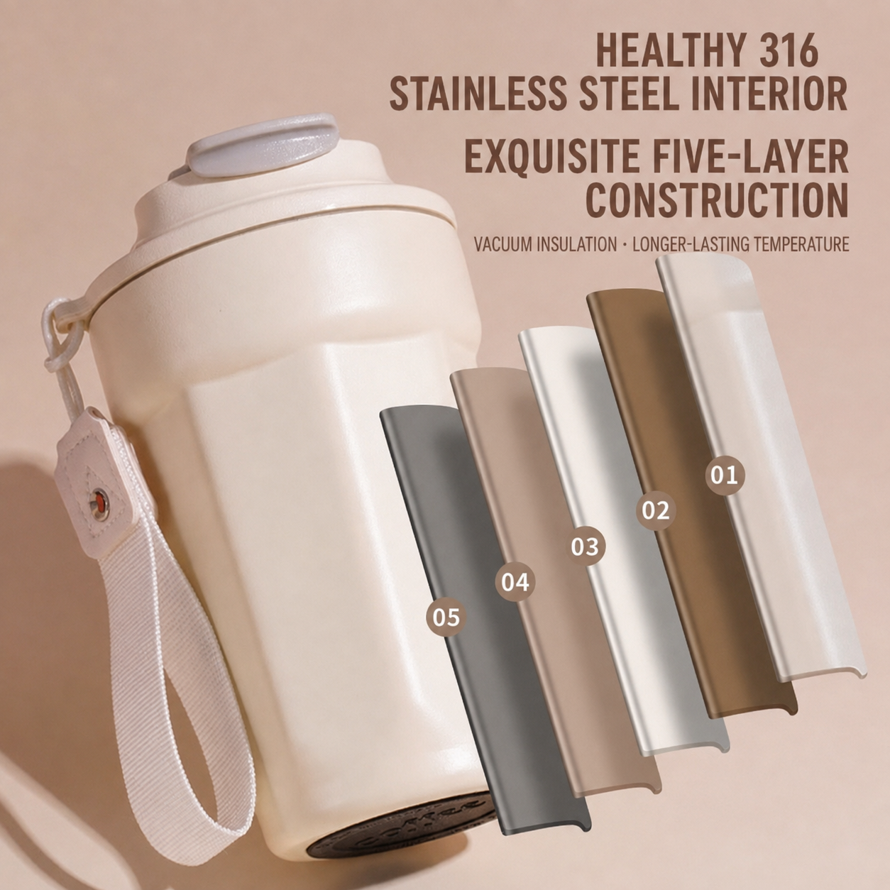 Coffee Vacuum Flask, 1 Count Portable Coffee Cup With Lid & Handle, Stainless Steel Insulated Water Bottle For Home, Office, And Outdoor Use, Insulated Travel Drinkware, Travel Coffee Mugs