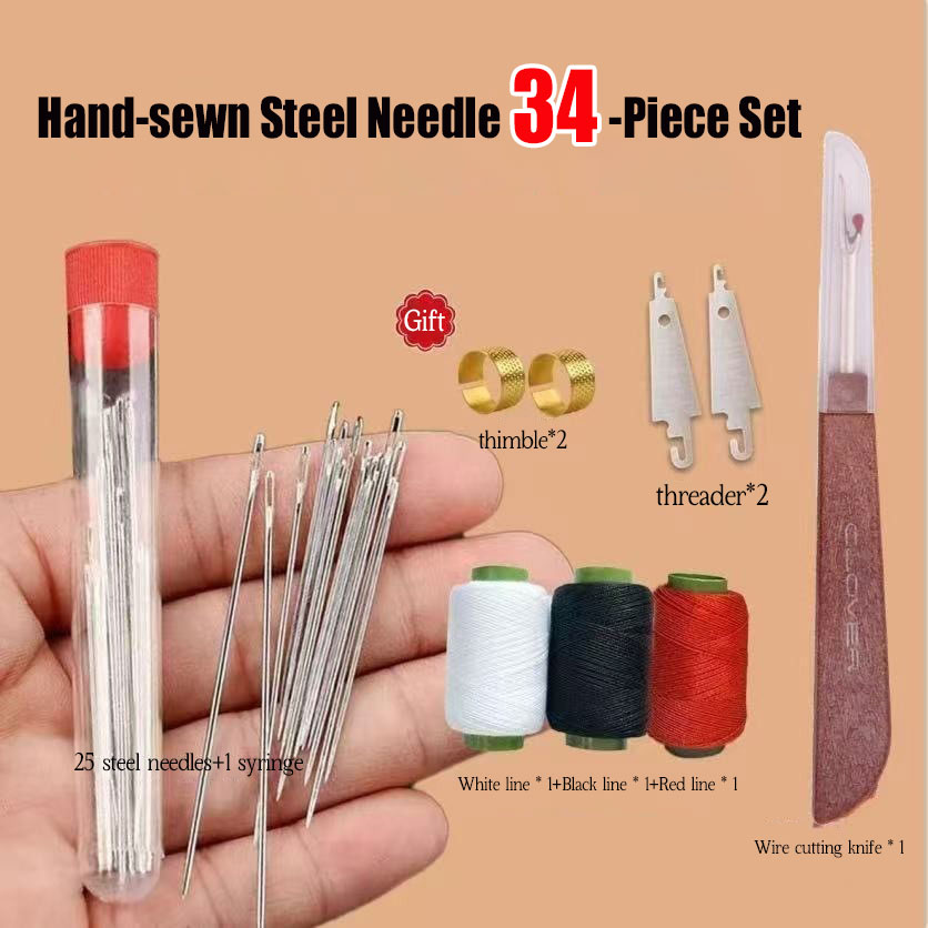 34-piece Value Hand Sewing Needle Set – Large-eye Easy-thread Steel Needles With Thread, Ideal For Quilt & Comforter Mending