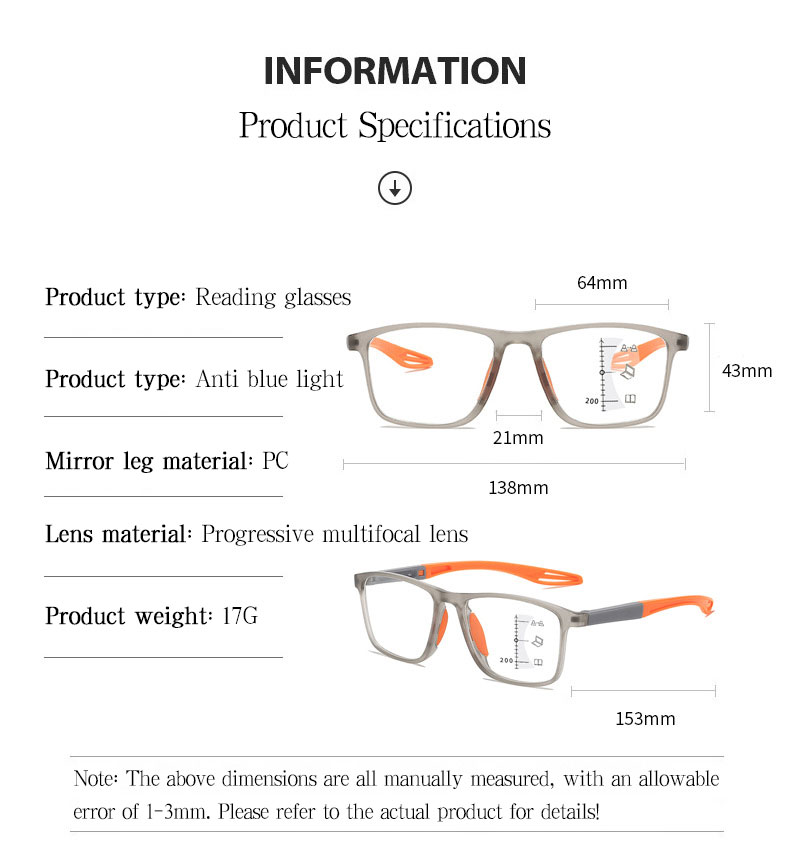 Multi-focus Progressive Reading Glasses – Blue Light Blocking, Ultra-light Sports Frame, Perfect For Distance And Near Vision – Fashionable Eyewear For Seniors