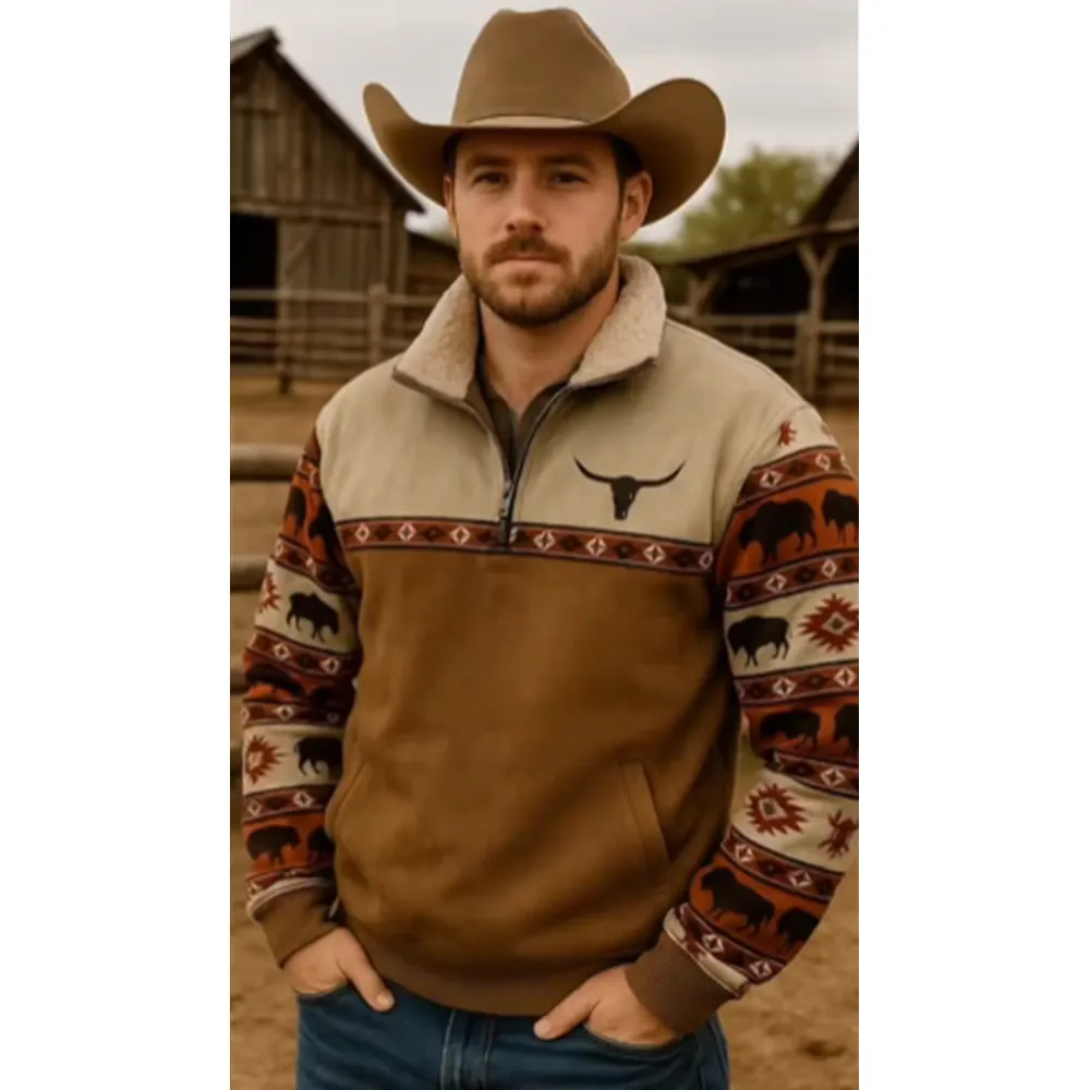 Retro western style, the sherpa lined sweatshirt is full of warmth!