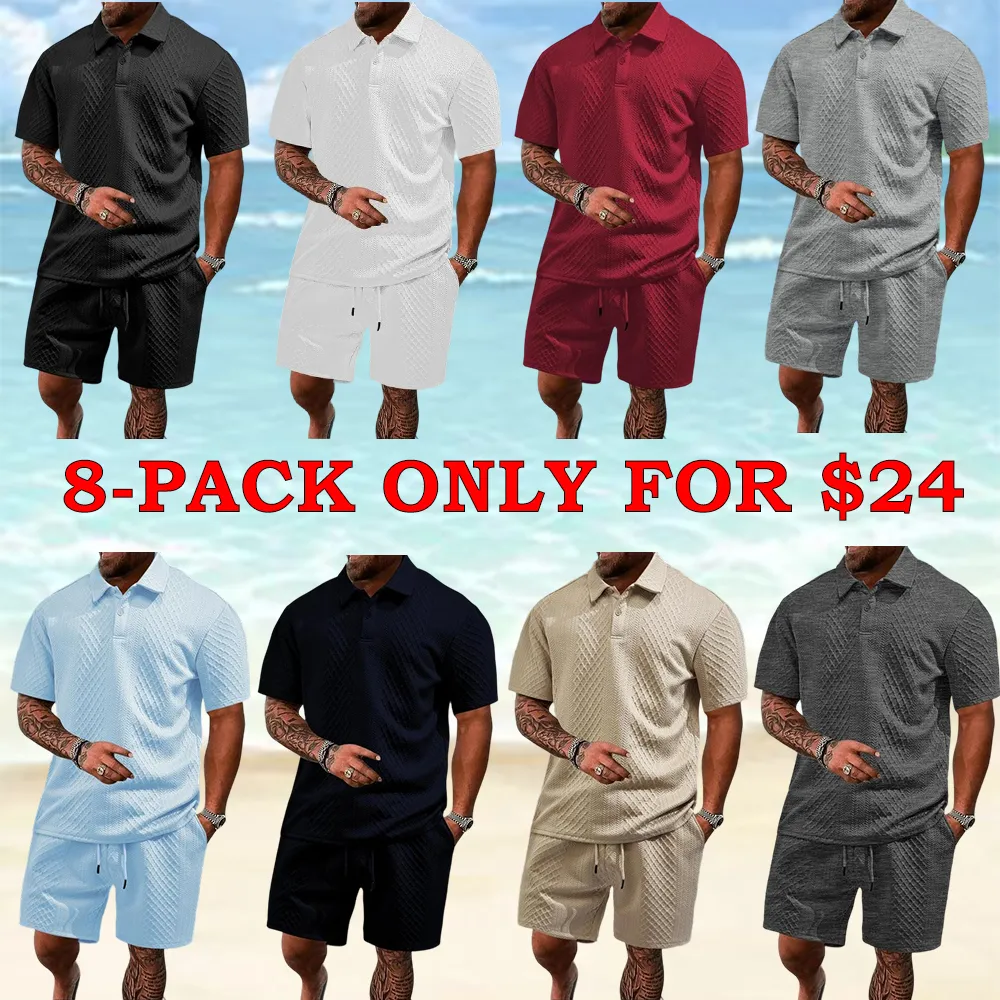 Men's Solid Polo & Drawstring Shorts Set Cozy, Breathable for Daily/Beach, Summer Casual