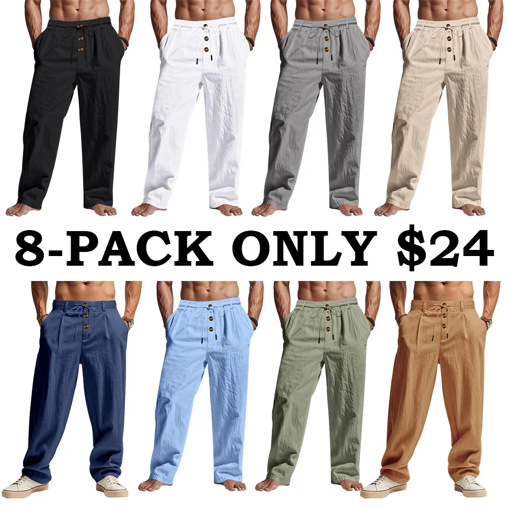 Men's Solid Button Design Linen Pants