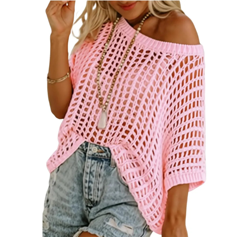 🔥Last day promotion🔥Women's Scoop Neck Crochet Knit Short Sleeve Sweater Top