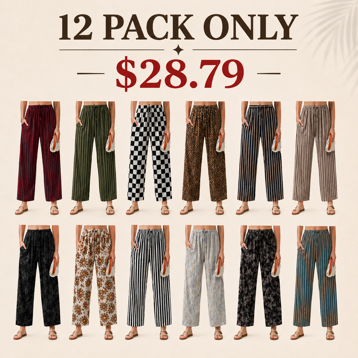 Women's Linen Wide Leg Pants Casual Loose Drawstring Low Waist with Pockets