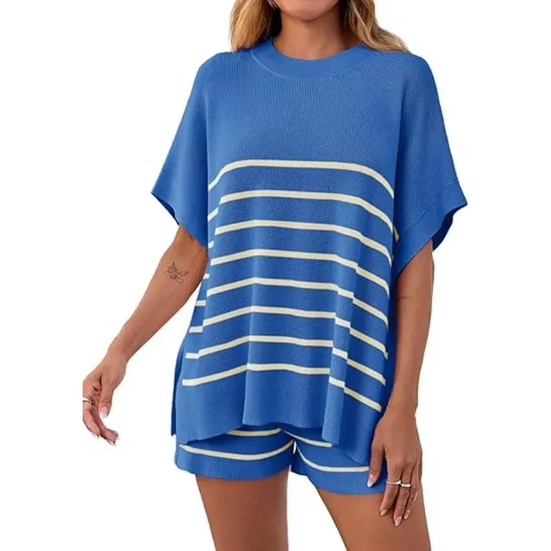 ⏰24HR 90% OFF🔥 Women's Striped 2 Piece Outfits Oversized Batwing Short Sleeve Tops High Waisted Shorts Summer Knit Lounge Short Sets