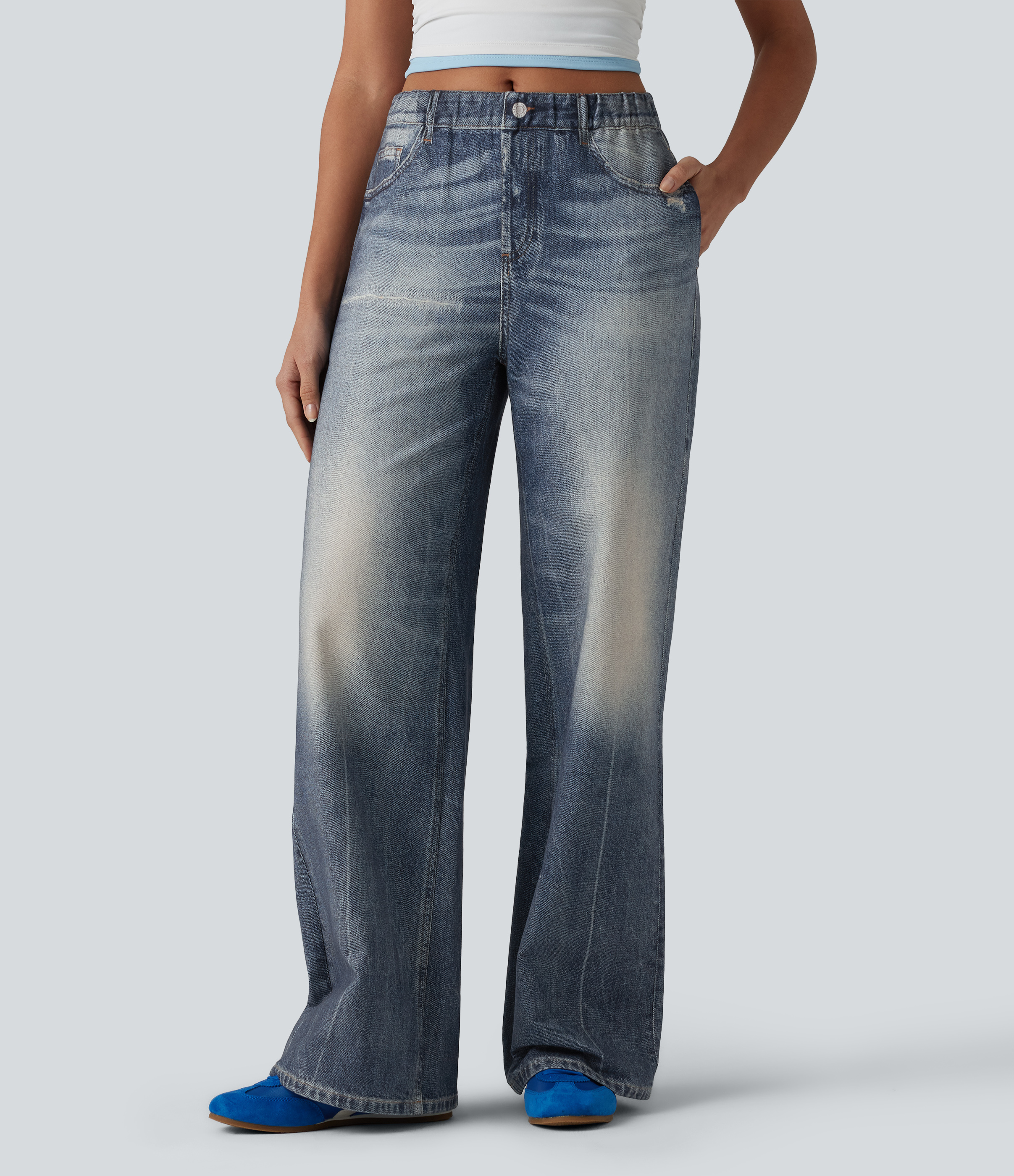 Mid Rise Denim Print French Terry Casual Sweatpants Jeans with Pockets