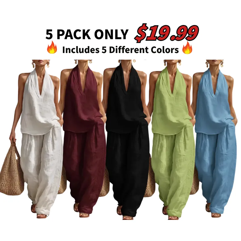 Women's Boho Linen Two Piece Set Halter Neck Sleeveless Top & Wide Leg Pants Beach Vacation Brunch Casual Outfit