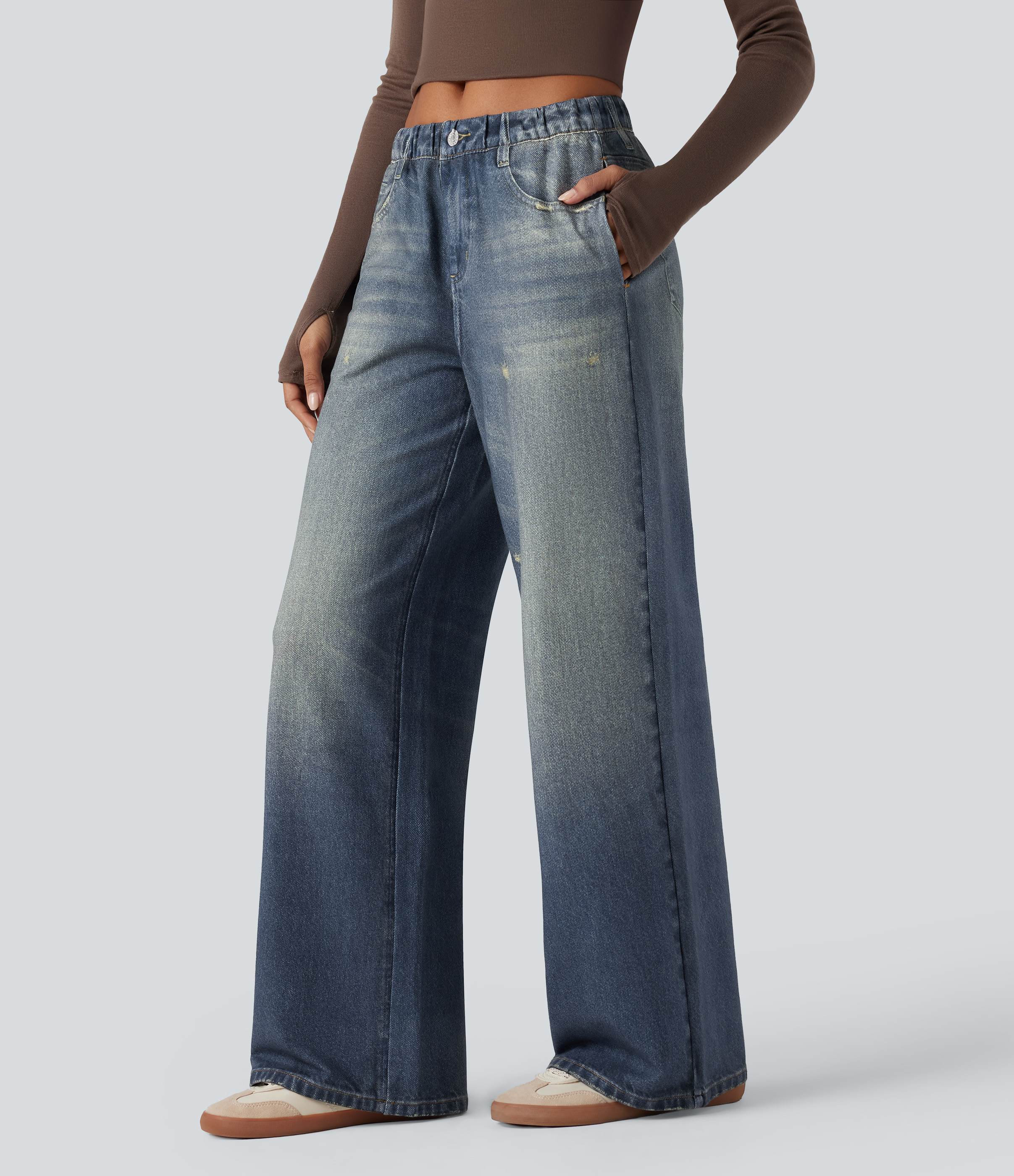 Mid Rise Denim Print French Terry Casual Sweatpants Jeans with Pockets