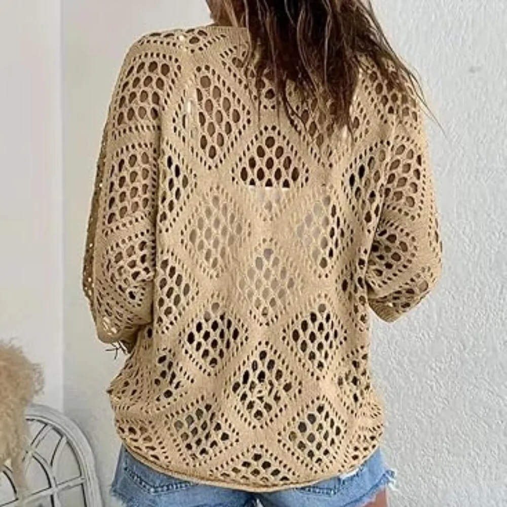 Women's Boho Crochet V-Neck Top – Casual Chic Knit