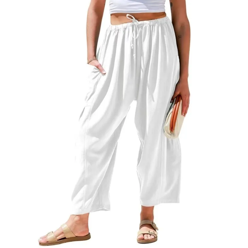 Women's Linen Wide Leg Pants Casual Loose Drawstring Low Waist with Pockets