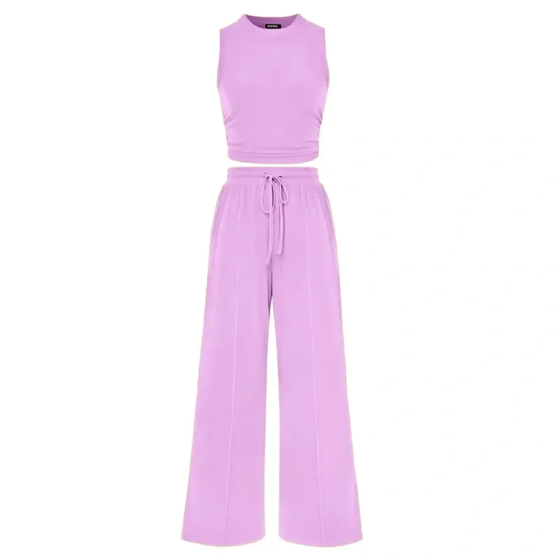 🔥Women's 2-Piece Outfits - Ribbed Knit Crew Neck Sleeveless Cropped Top & Wide Leg Pants Lounge Set