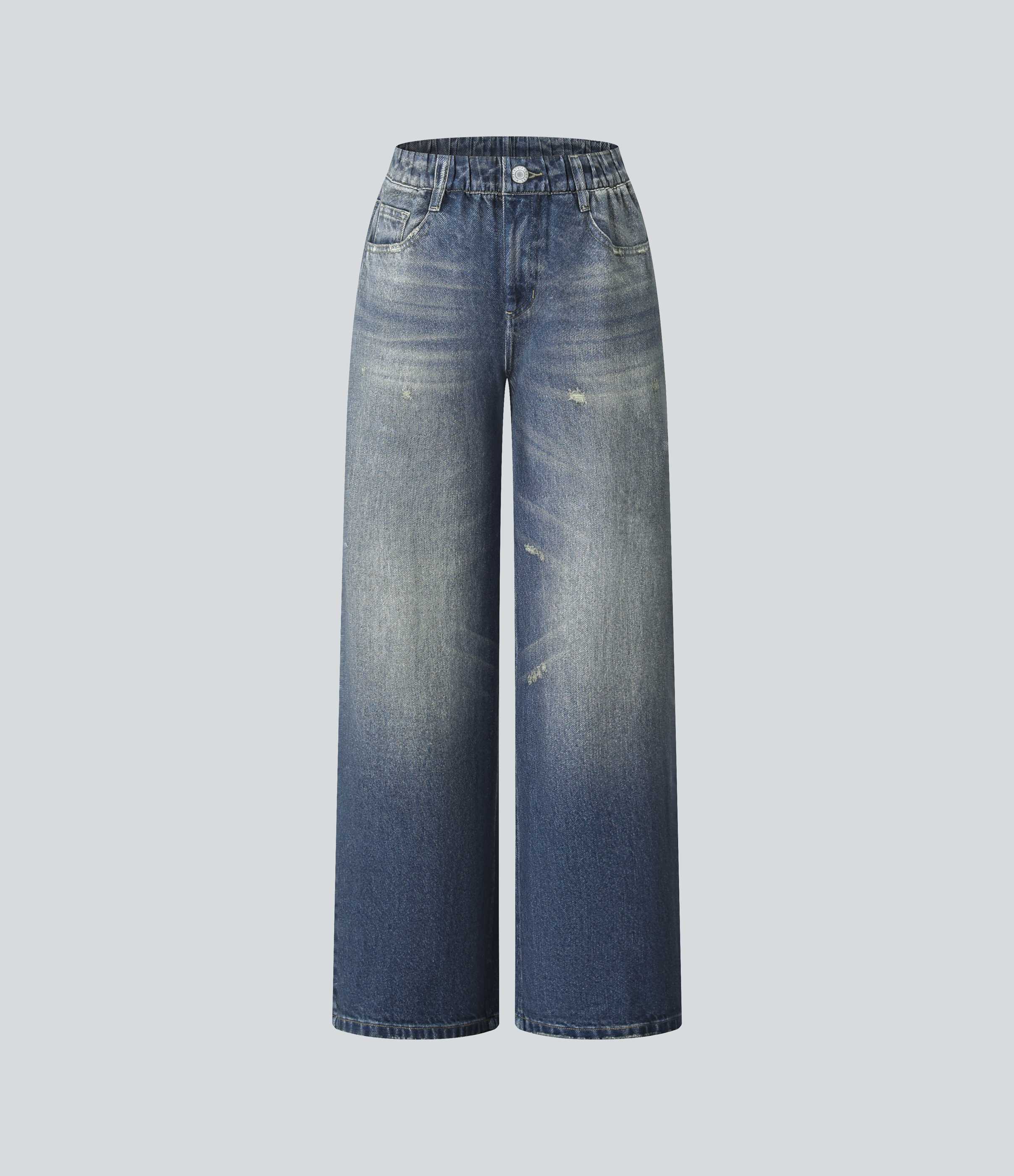 Mid Rise Denim Print French Terry Casual Sweatpants Jeans with Pockets
