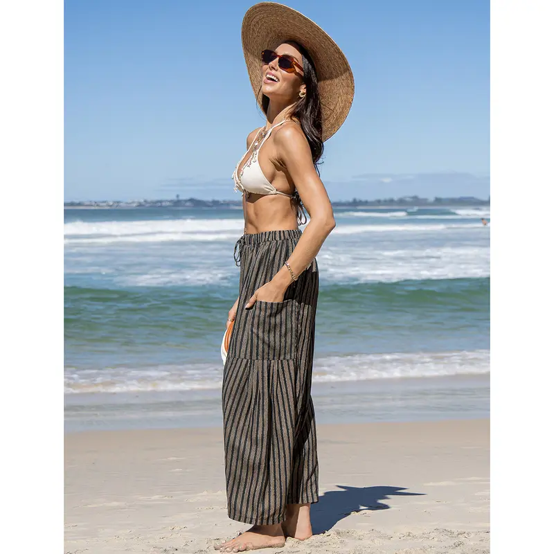 Women's Linen Wide Leg Pants Casual Loose Drawstring Low Waist with Pockets
