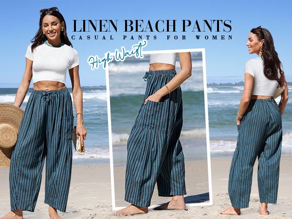 TARSE Womens Linen Blend Wide Leg Pants Casual Comfy Oversized Loose Fit Printed Summer Beach Travel Vacation Palazzo Trousers with Pockets