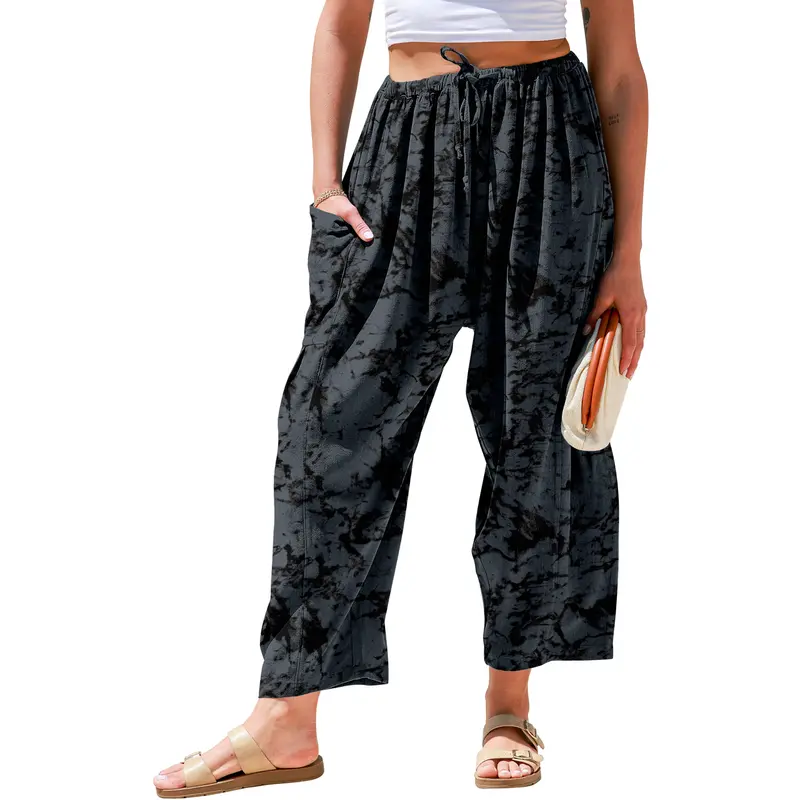 Women's Linen Wide Leg Pants Casual Loose Drawstring Low Waist with Pockets