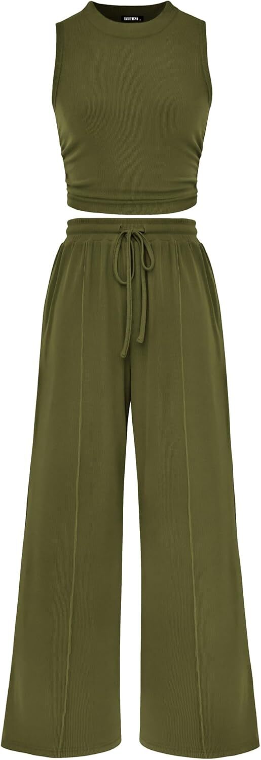 Women Summer 2 Piece Outfits 2026 Beach Crew Neck Sleeveless Cropped Top Elastic Waist Wide Leg Pants Lounge Set