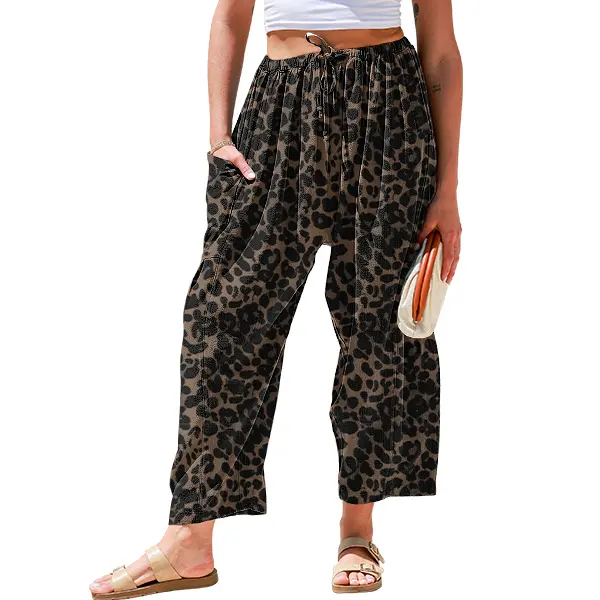 Women's Linen Wide Leg Pants Casual Loose Drawstring Low Waist with Pockets